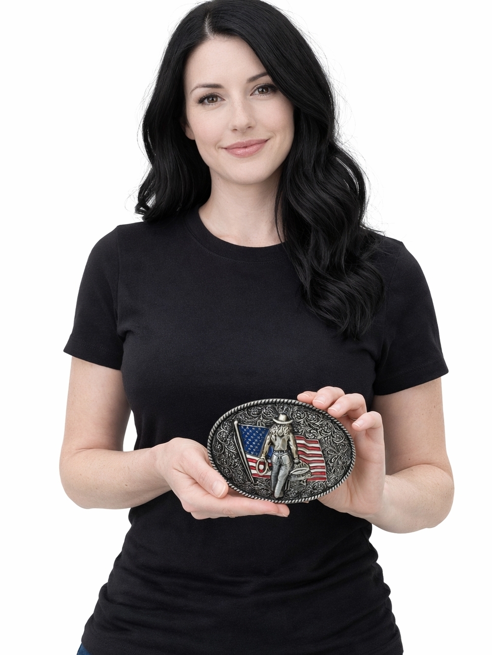 Western Cowgirl USA Flag Belt Buckle Silver Tone Engraved Floral New